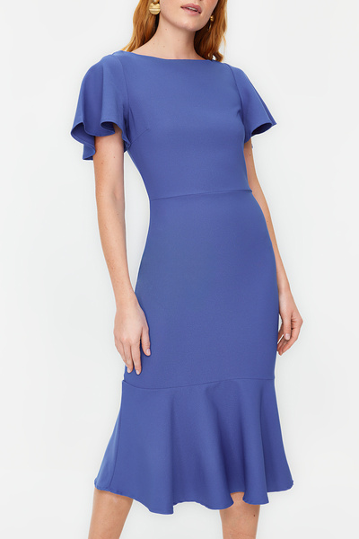 Trendyol Collection Indigó testhezálló, bolyhos bélésű, midi szőtt ruha TWOSS20EL1342