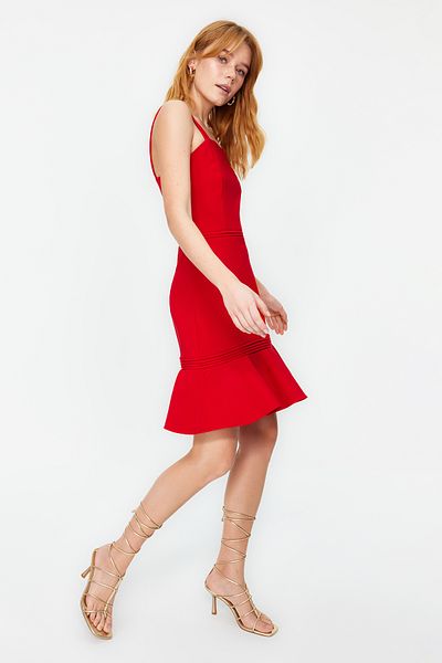 Trendyol Collection Red Ribbed Detailed Skirt Flounced Straps A-line Woven Mini Dress TWOSS20EL2504