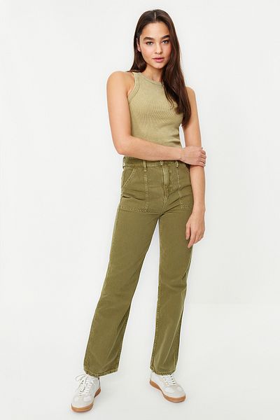 Trendyol Collection Khaki Wash Effect Pocket Detailed High Waist Straight Jeans TWOSS24JE00090