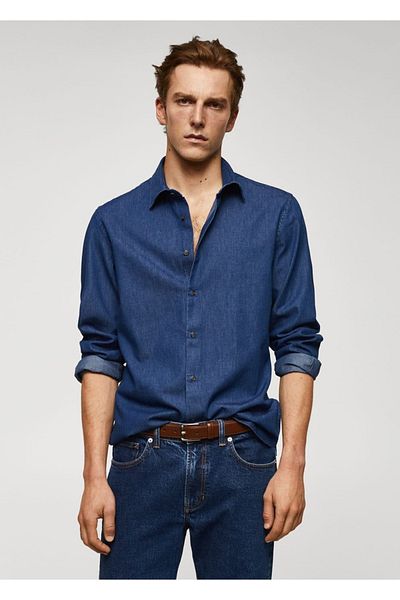 MANGO Man Βαμβακερό πουκάμισο Chambray με λεπτή εφαρμογή