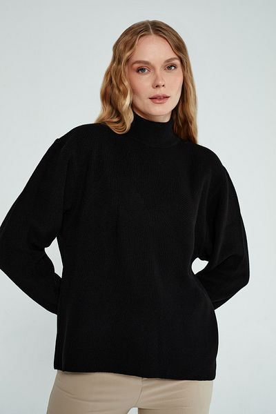 JOVENMADRE Pulover de damă cu guler vertical, simplu, negru, tricotaj