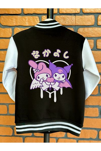 MECH BUTİK Черно яке за момичета с щампа Kuromi&Mymelody (с принт на сърце)