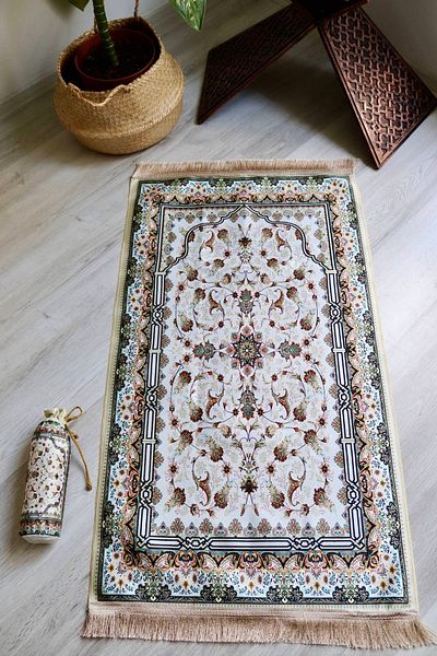 Bilenler Gülhan Patterned Silk Textured Pouch Prayer Rug S1028 Cream Color