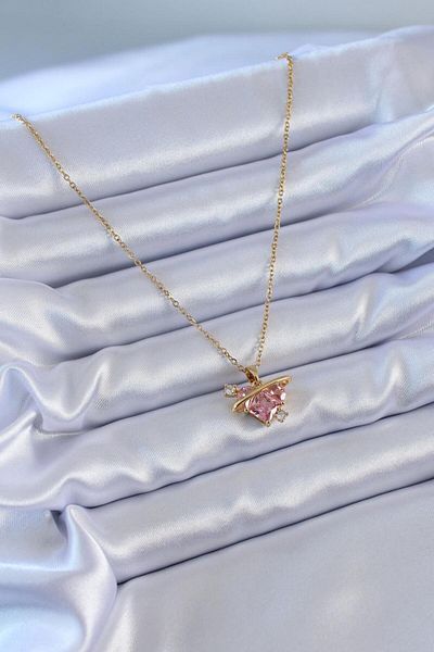 Trendhane Steel Gold Color Pink Crystal Heart Model Zircon Stone Detail Women's Necklace