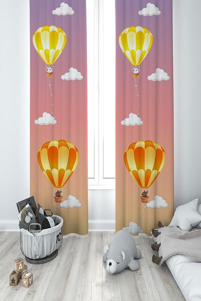 LİDERHOME LEADER HOME BABY AND KIDS ROOM Balloon and Rabbit Patterned 2 Wing Background Curtain