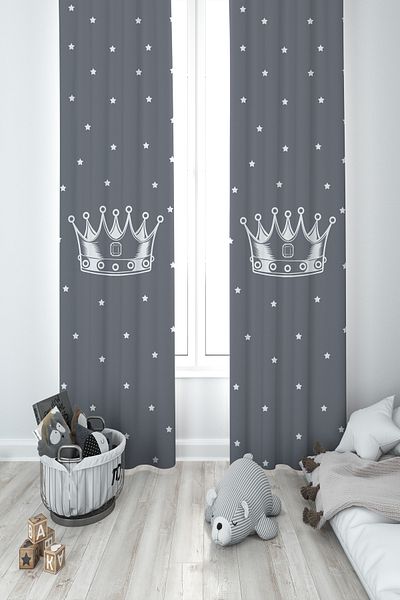 LİDERHOME LEADER HOME BABY AND KIDS ROOM King Crown and Star Patterned Gray 2 Wing Background Curtain