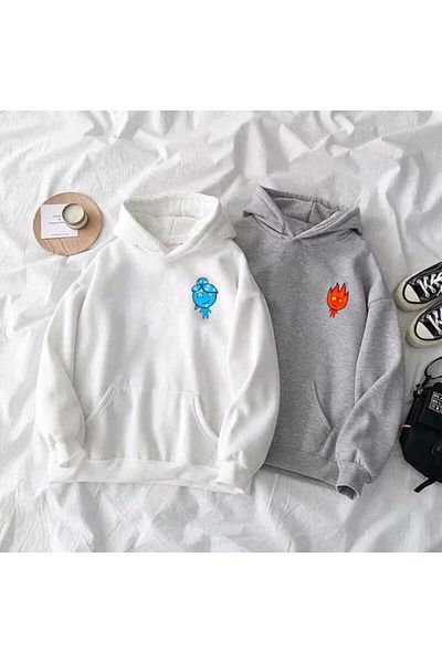 DUBU BUTİK 2-Piece Water Fire Logo Lover Combination Sweatshirt - White Gray Printed Winter Oversize Hoodie