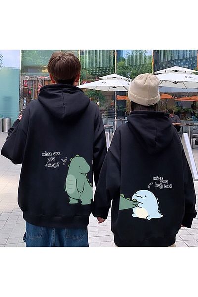 DUBU BUTİK 2-Piece Dinosaurs Hug Me Dear Combination Sweatshirt - Black Printed Winter Oversize Hoodie