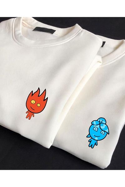 DUBU BUTİK 2-Piece Fire Water Logo Lover Combination Sweatshirt - White Printed Winter Oversize Crew Neck