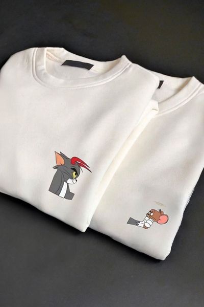 DUBU BUTİK 2-Piece Evil Tom And Jerry Dear Combination Sweatshirt - White Printed Winter Oversize Crew Neck