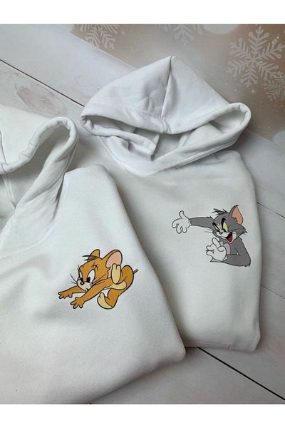 DUBU BUTİK 2-Piece Catch and Seek Jerry Tom Lover Combination Sweatshirt - White Printed Winter Oversize Hoodie