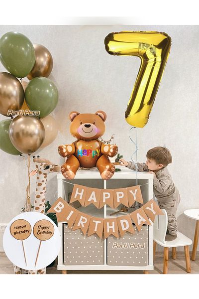 parti pera Kraft Happy Birthday Text Number Foil Balloon Bear Foil Balloon Set Birthday Balloon Set