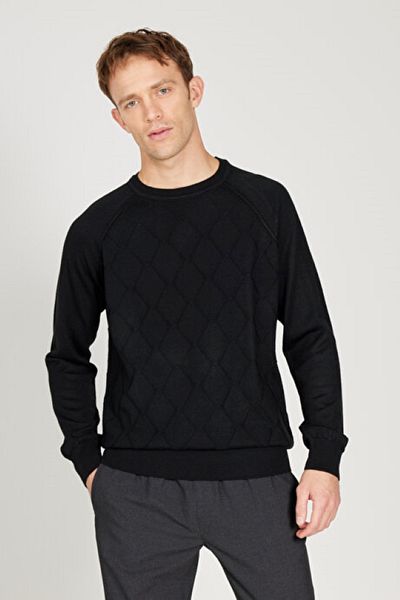 ALTINYILDIZ CLASSICS Schwarzer Jacquard-Strickpullover aus Wolle mit normaler Passform und Rundhalsausschnitt