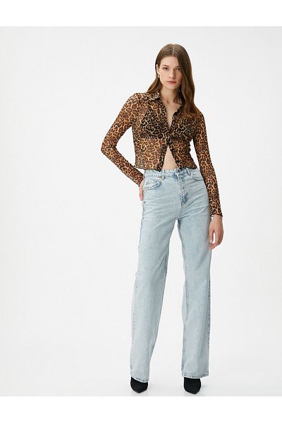 Koton Chiffon-Hemd mit Leopardenmuster, geknöpft, klassischer Kragen, lange Ärmel