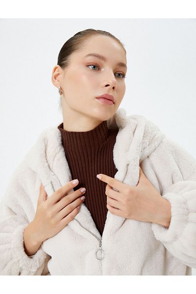 Koton Hooded Plush Jacket Zippered Long Sleeves with Elastic Cuffs