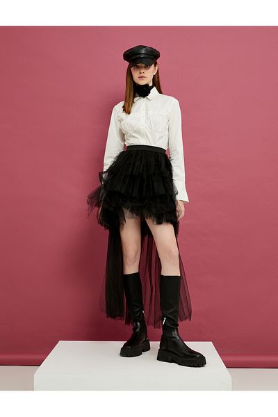 Koton Πουκάμισο Crop Ruffle Λεπτομερές μακρυμάνικο βαμβακερό ασύμμετρο κόψιμο