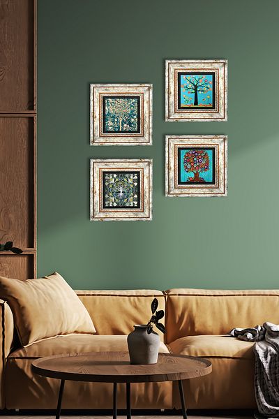 Pinecone Arborele vieții Pictură pe perete din piatră Decor de perete înrămat Set de pictură din 4 piese Artă de perete Tk4-43