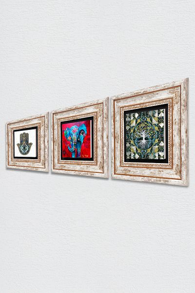 Pinecone Arborele vieții, elefant, mână Fatma (hamsa) Pictură pe perete din piatră Decor de perete înrămat Set de 3 artă de perete
