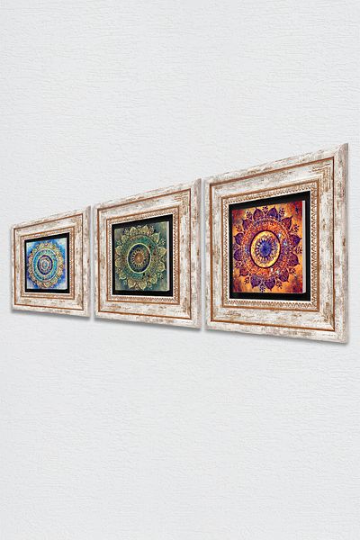 Pinecone Mandala Stone Wall Painting Πλαίσιο Διακόσμηση τοίχου 3 τεμαχίων Σετ ζωγραφικής Wall Art Tk3-36