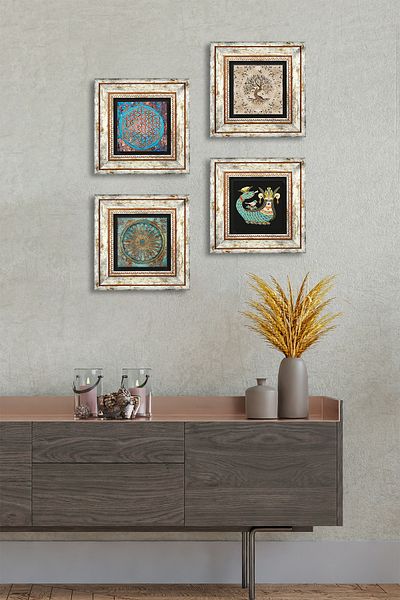 Pinecone Floarea vieții, Şahmeran, Arborele vieţii Pictură pe perete din piatră Decor de perete înrămat Set de picturi din 4 piese Tk4-102