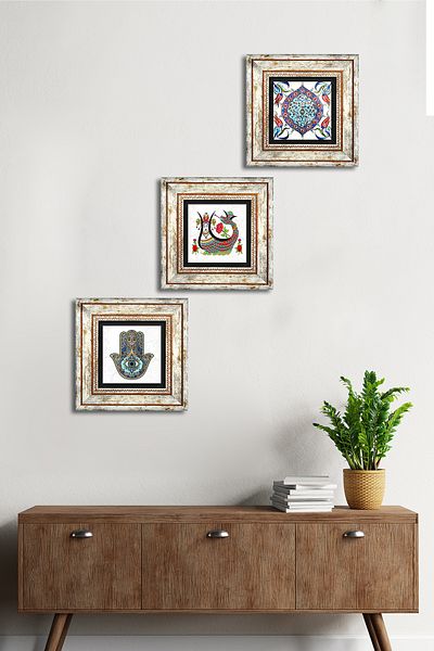 Pinecone Şahmeran, Tile Art, Fatma Mother Hand (Hamsa) Stone Wall Painting Framed Wall Decor Set of 3 Paintings