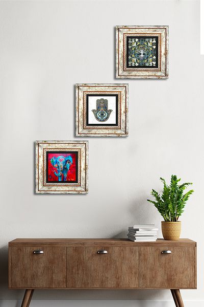 Pinecone Arborele vieții, elefant, mână Fatma (hamsa) Pictură pe perete din piatră Decor de perete înrămat Set de 3 artă de perete
