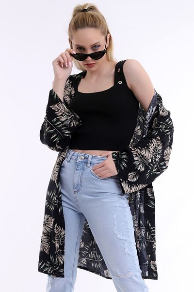 Select Moda Women's Black Patterned Long Kimono