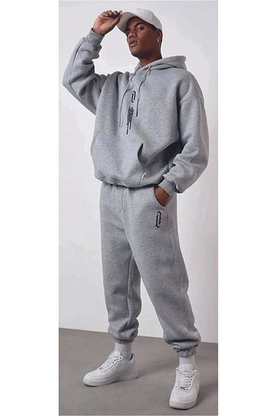 SILATU Men's Black Vertical Oversize Hooded Tracksuit Set Cotton