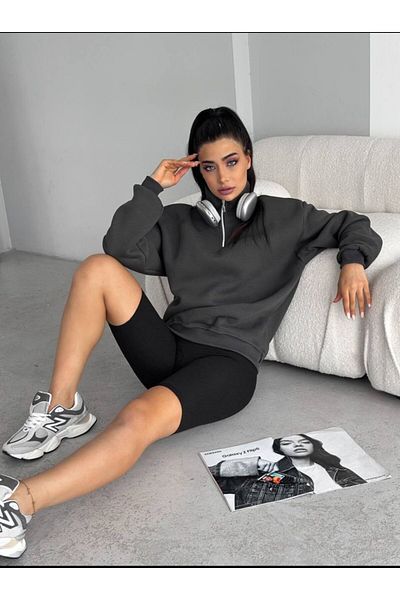 DESING HS ZIPPER COLLAR DETAIL 3 THREAD OVERSIZE SWEATSHIRT