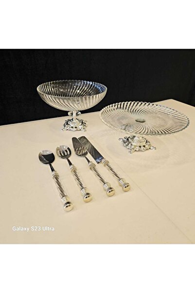 MaviDamla 6 Parca Döküm Ayaklı Cam Salata Ve Pasta Sunum Seti Gümüş