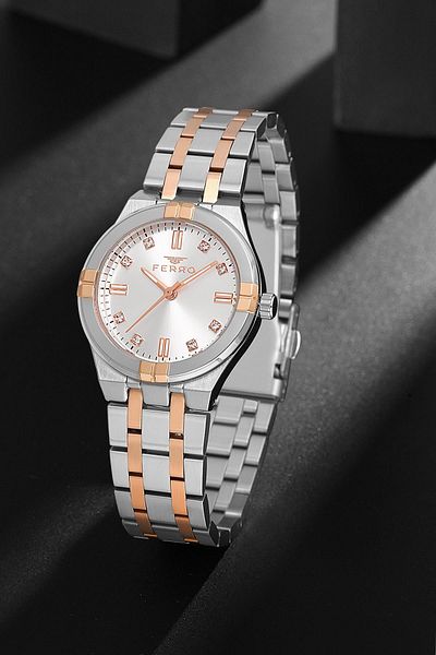 FERRO Women's Silver-Rose Color Stoned Wrist Watch + Bracelet Gift