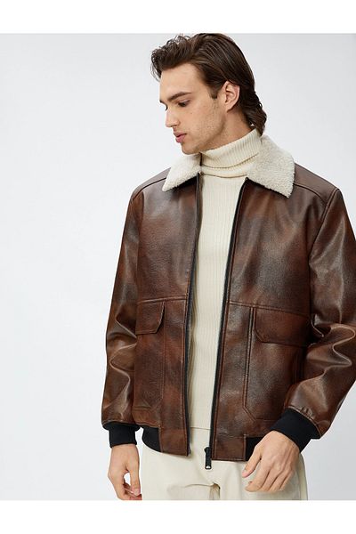 Koton Leather Look Jacket Plush Collar Detailed Pockets Zippered