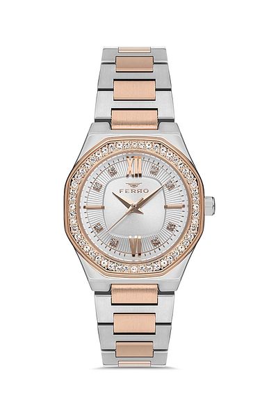 FERRO Women's Silver-Rose Color Stone Wristwatch + Bracelet Gift