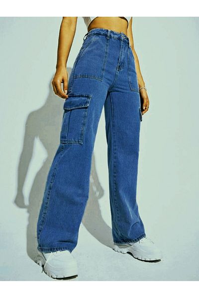 SHEVEGA Pantaloni largi de damă cu talie înaltă albastră, cu buzunare cargo, blugi largi, blugi evazați