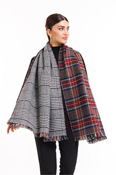 LadyColor Καρό σάλι διπλής όψης με σκωτσέζικο σχέδιο-σάλι ώμου καφέ