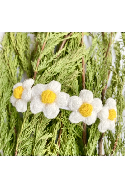 SHEKER HOME Coroană cu 5 flori din țesătură de satin tricotată Papatya - Albă