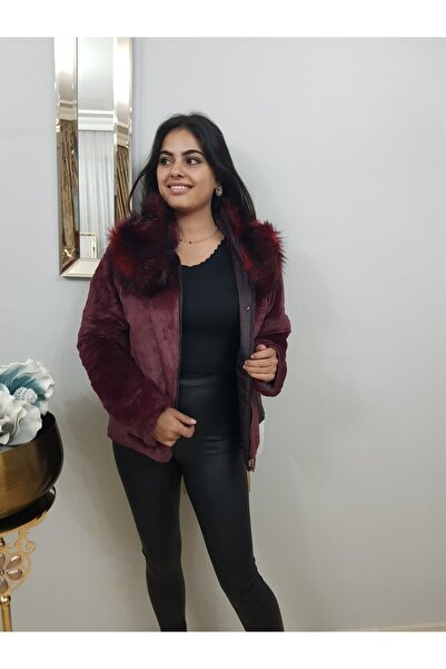 FERGAN Kadın Bordo Kapitone Kürklü Çift Taraflı Özel Tasarım Kaban