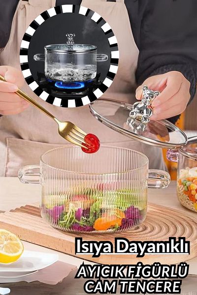 Comprox 1700cc Teddy Bear Figured Pot rezistent la căldură | borosilicat |   Termisil Oală de sticlă pentru plită-1AD