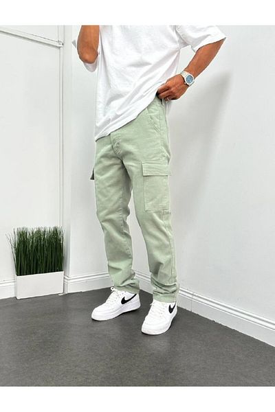 Gambocci Men's Water Green Color Baggy Cargo Pocket Trousers