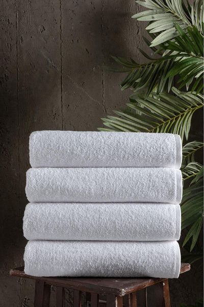 Mürdüm Home Απλές 4 τεμαχίων 70x140 εκ. Πετσέτες ξενοδοχείου με διπλή ραφή Λευκές πετσέτες μπάνιου