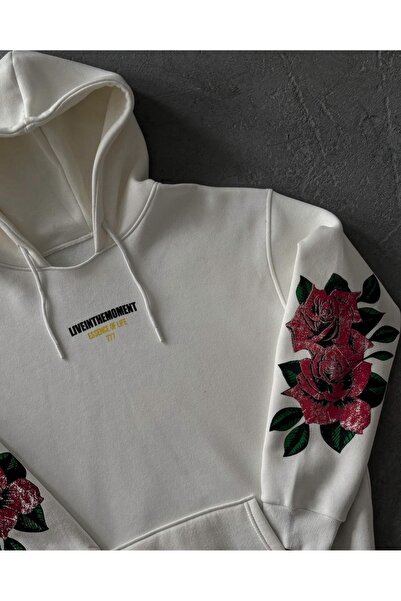 Benisengiydir White Liveinthemoment Printed Hooded Oversize Sweatshirt Unisex