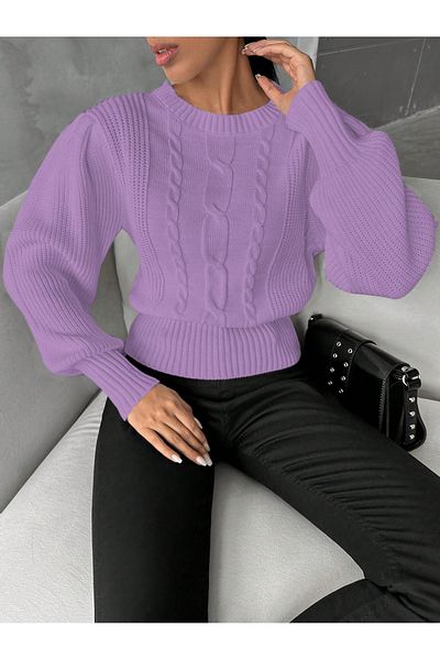 AQE FASHION Pulover de damă cu tricot liliac cu mâneci prințesă împletit din păr