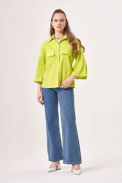 Mizalle Short Pocket Poplin Green Shirt