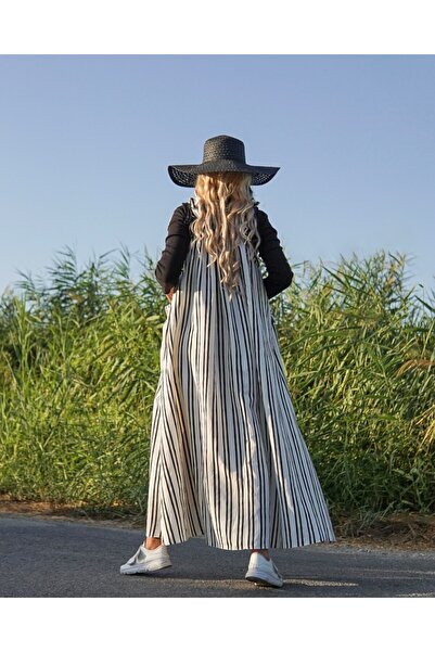 Launes Oversize Pocketed Black and White Striped Gilet/Salopet