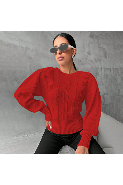 AQE FASHION Pulover tricot roșu cu mâneci prințesă împletit cu gât roșu