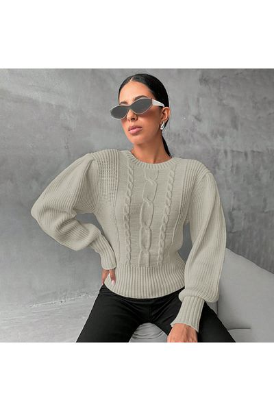 AQE FASHION Pulover de damă cu gât crew împletit cu mâneci prințesă din piatră