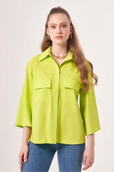 Mizalle Short Pocket Poplin Green Shirt