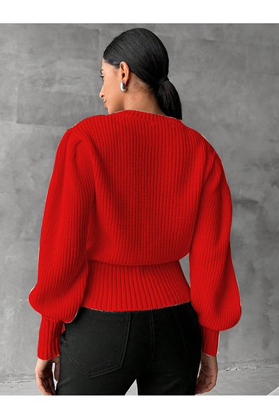 AQE FASHION Pulover tricot roșu cu mâneci prințesă împletit cu gât roșu