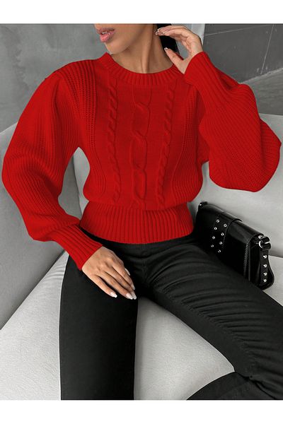 AQE FASHION Pulover tricot roșu cu mâneci prințesă împletit cu gât roșu