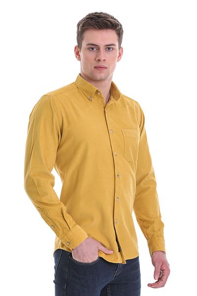 Hatemoğlu Μακρυμάνικο κλασικό πουκάμισο Mustard Slim Fit Μασίφ 100% βαμβακερό γιακά με κουμπιά